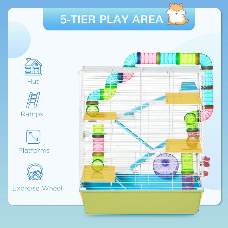 Hamster Cage With Tubes And Tunnels, Portable Carry Handles, Rat House And Habitats Big 5-Tier Design, Mouse Cage Includes Exercise Wheel, Water Bottle, Food Dish, Light Blue