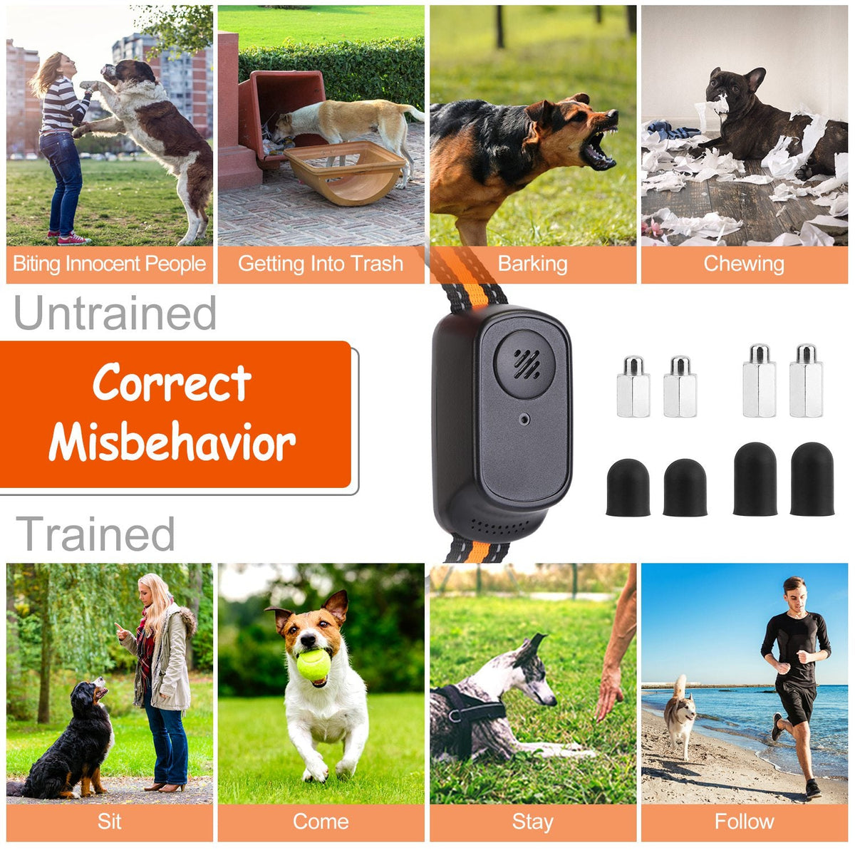 1Pc 984FT Dog Training Collar IP65 Waterproof Pet Beep Vibration Electric Shock Collar 3 Channels Rechargeable Transmitter Receiver Trainer With Recording Safety Keypad Lock