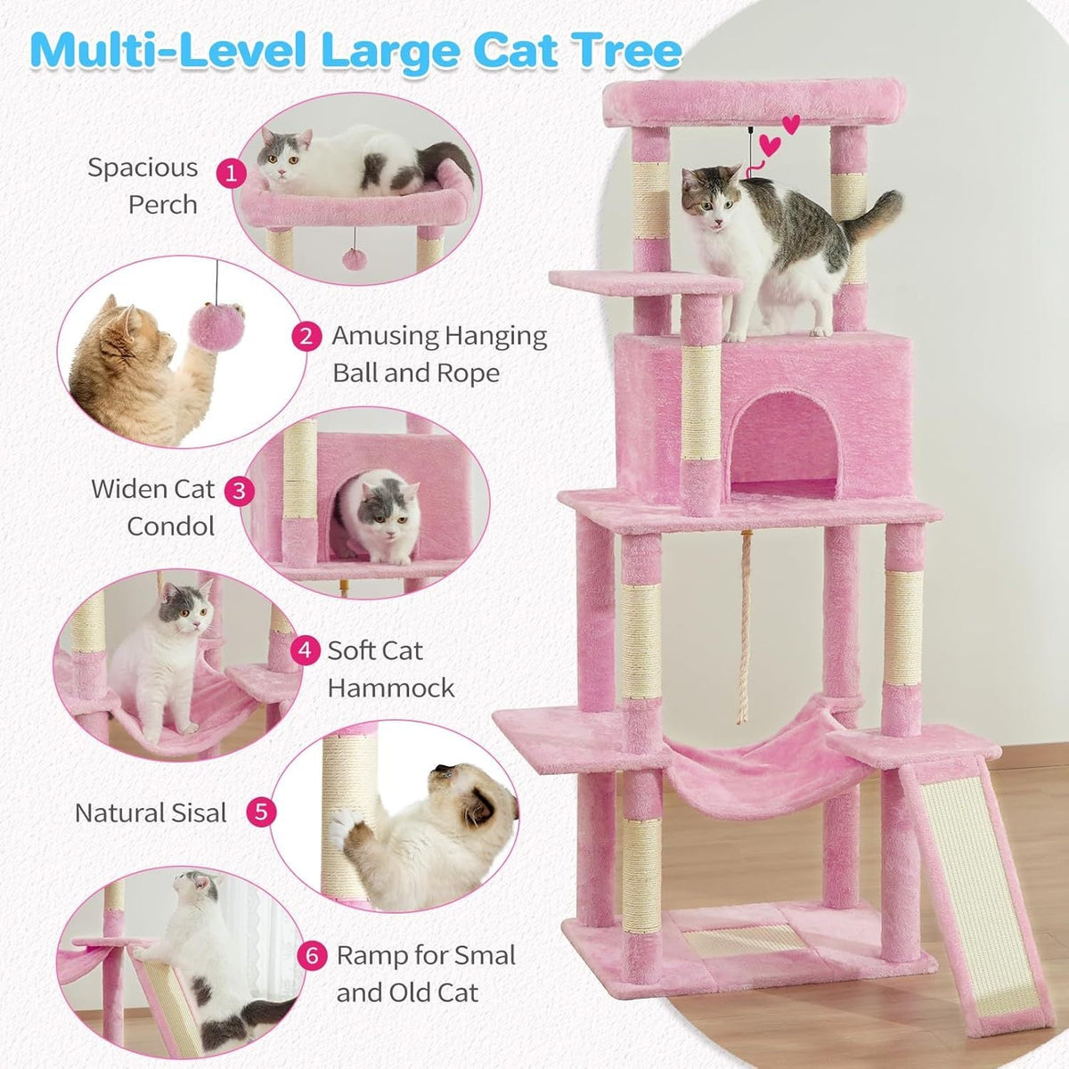 ABCPET 63-inch Multi-level Cat Climbing Frame, Indoor Cat Sisal Scratch Post, Cat Bed, Hammock, Hanging Ball, Extension Platform,Self-pickup Only