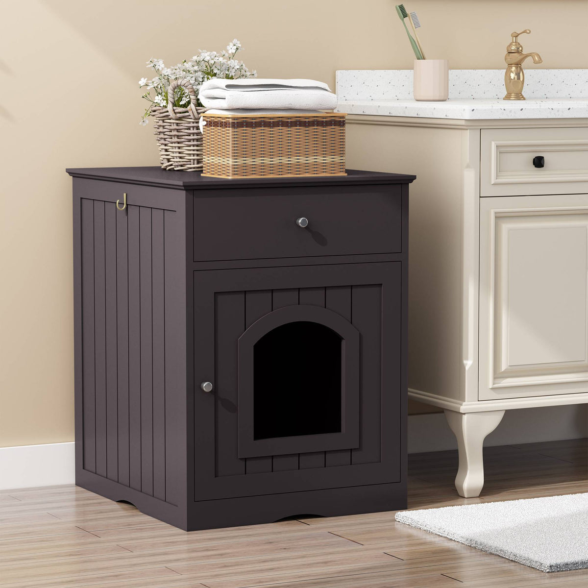 Wooden Pet House Cat Litter Box Enclosure With Drawer, Side Table Indoor Pet Crate