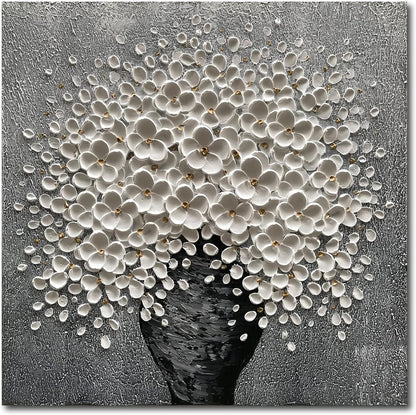 100% Hand-Painted White Flower Art Oil Painting, Modern Home Furnishing Canvas Painting Decoration, 3D Abstract Mural Painting,24x24 inch Frame Wall Art Hanging