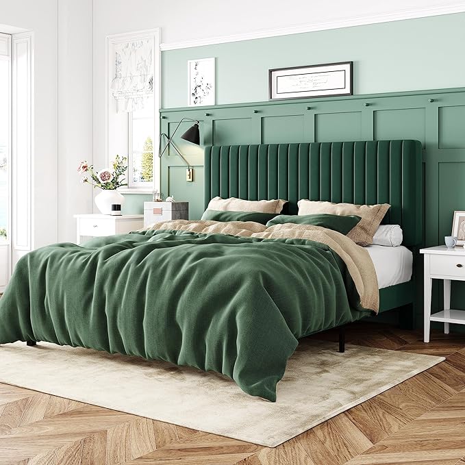 Allewie Full Bed Frame, Velvet Upholstered Platform Bed with Adjustable Vertical Channel Tufted Headboard, Mattress Foundation with Strong Wooden Slats, Box Spring Optional, Easy Assembly, Green
