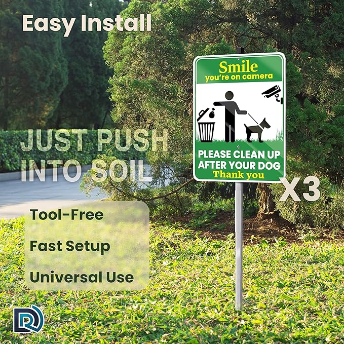 Clean Up After Your Dog Signs, Smile Youre on Camera Signs, 10 x 13 Inch Reflective Aluminum Outdoor Yard Signs with 28 Inch Metal Stake, 3 Pack
