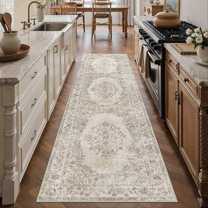 2x7 Runner Rug Beige Washable Hallway Kitchen Bedroom Vintage Distressed Bathroom Non Slip Medallion Floral Carpet Indoor Retro Throw Floor Mat for Office Dining Laundry Living Room