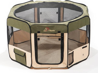 Pawer 36”×18.5” 8-Panel Foldable Pet Playpen, for Small Medium Cat/Dog/Puppy, Olive+Beige, 600D Oxford Cloth Portable Indoor & Outdoor Kennel with Carry Bag, Multiple Sizes & Colors Available