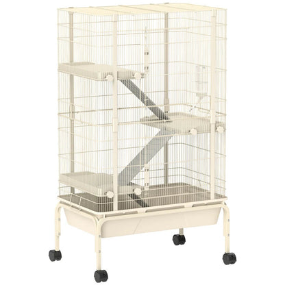 47inch Small Animal Cage, 4 Levels Large Rolling Metal Ferret Cage W 5.9Deep Tray, Ramps, Water Bottle, Food Dish, Beige