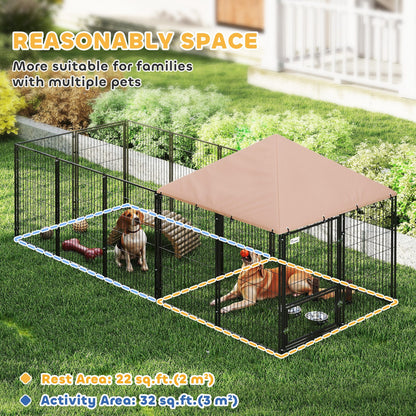 Large Outdoor Dog Kennel With Rotating & Adjustable Height Bowls, Waterproof & UV-Resistant Canopy, 11.3 X 4.7 X 5.1
