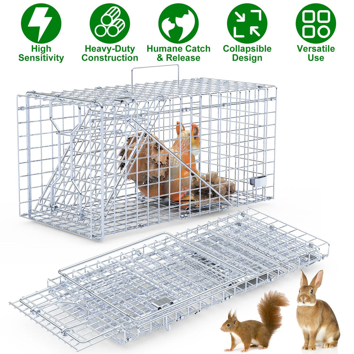 2Pcs 18x8x10In Humane Single Door Live Animal Trap For Spring Summer Collapsible Galvanized Iron Animal Cage Catch And Release For Small Squirrel Raccoon Feral Cat Weasel Armadillo Opossum