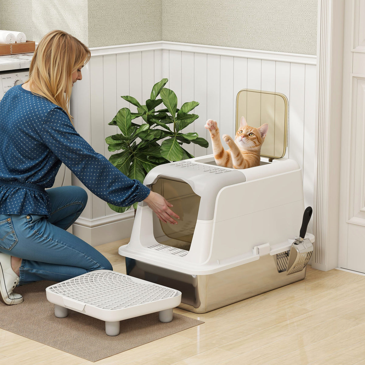 Extra Large Stainless Steel Litter Box, Enclosed Cat Litter Box with Scoop, Deodorizer Bag, Sand Drop Pedal