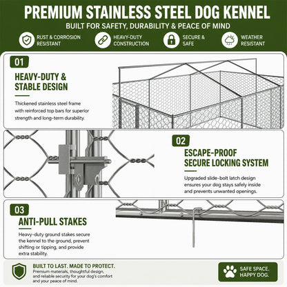 15x10 FT Large Outdoor Dog Kennel with Canopy, Heavy Duty Galvanized Steel Frame, Waterproof Cover, All-Weather Protection, Escape-Proof Lockable Pet Playpen for Large Dogs, Multiple Animals.
