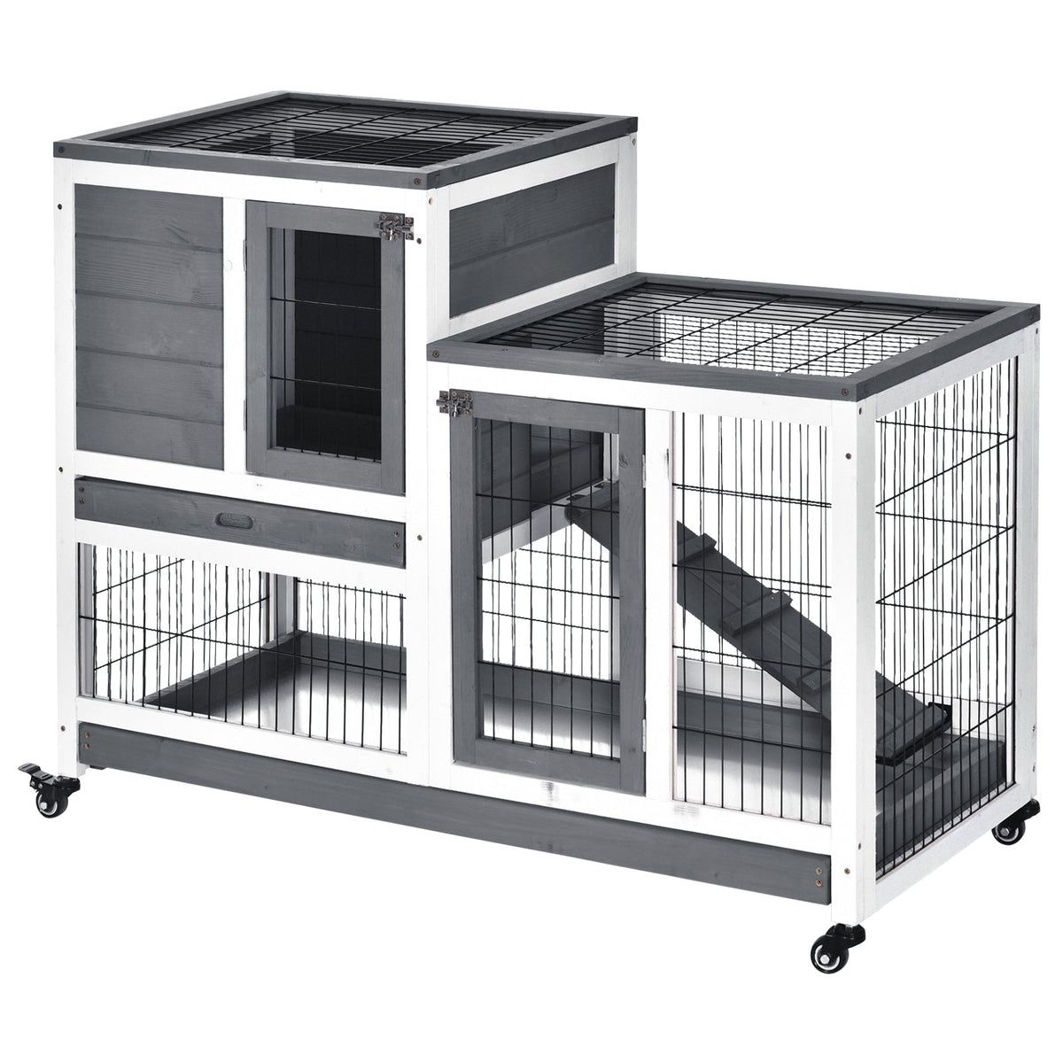 Wooden Rabbit Hutch Elevated Bunny Cage Indoor Small Animal Habitat with Enclosed Run with Wheels, Ramp, Removable Tray for Rabbits, Chickens, Ducks, Guinea Pigs, Gray