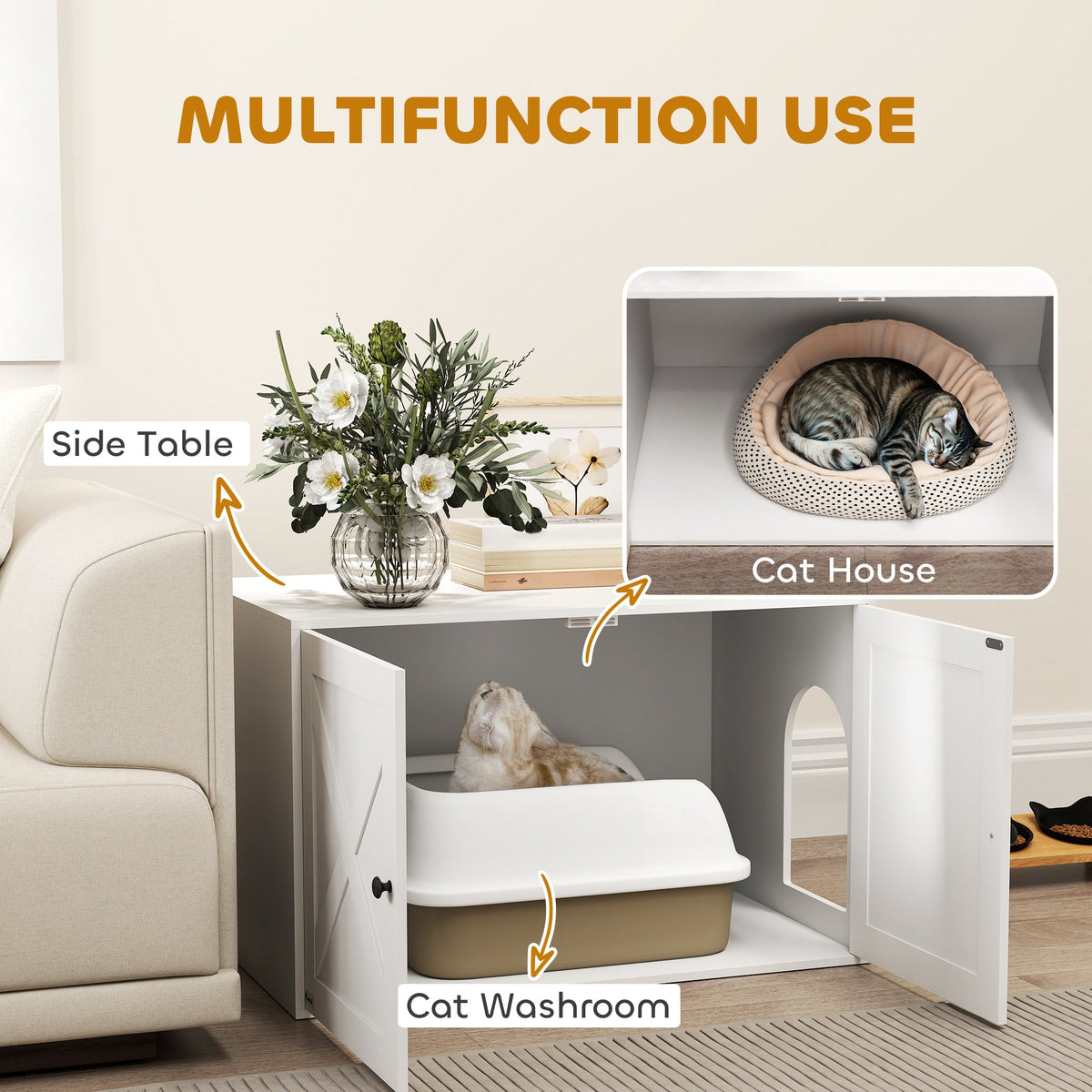 Cat Litter Box Enclosure with Barn Door, Cat Hole, 31.5" x 21" x 20", White