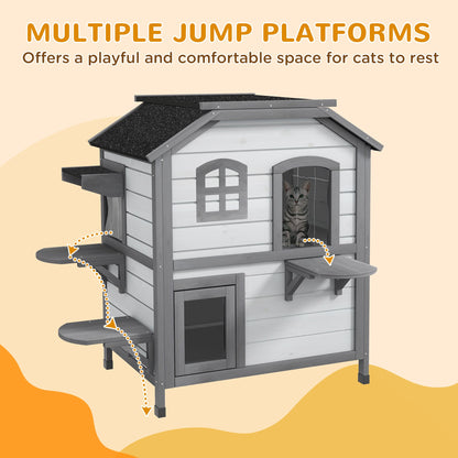 Wooden 2-Story Outdoor Cat House, Feral Cat Shelter Kitten Condo with Openable Asphalt Roof and 4 Platforms, White