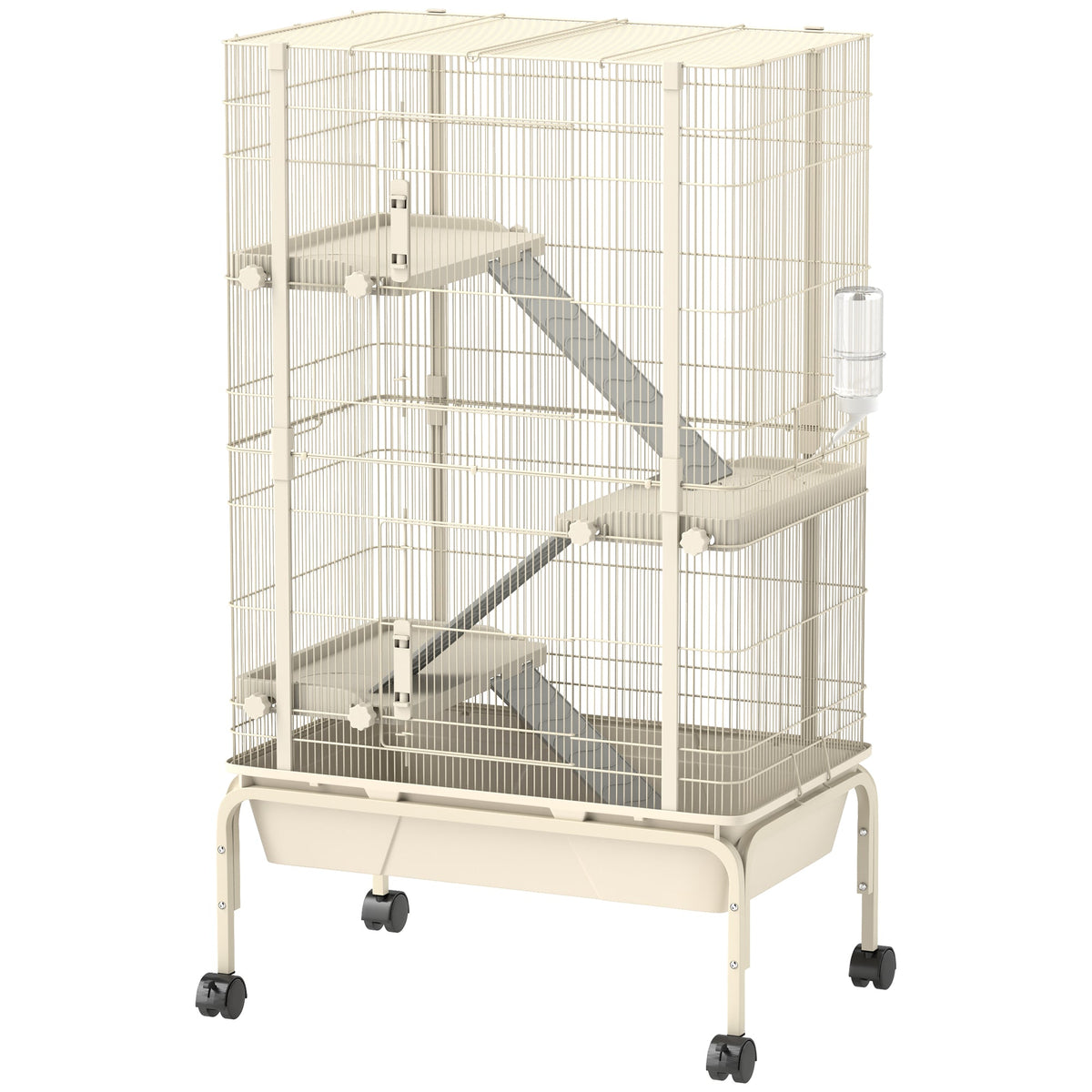 47" Small Animal Cage, 4 Levels Large Rolling Metal Ferret Cage w/ 5.9" Deep Tray, Ramps, Water Bottle, Food Dish, Beige