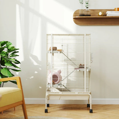 47inch Small Animal Cage, 4 Levels Large Rolling Metal Ferret Cage W 5.9Deep Tray, Ramps, Water Bottle, Food Dish, Beige