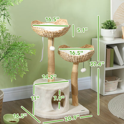 37 Inch Modern Cat Tree w/ Wooden Scratching Posts, Condo, Beds, Cushions, Toy Balls & Anti-Tip Kit