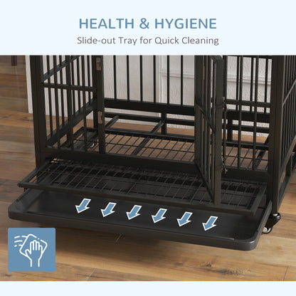 36" Heavy Duty Dog Crate Metal Cage Kennel with Lockable Wheels, Double Door and Removable Tray, Gray