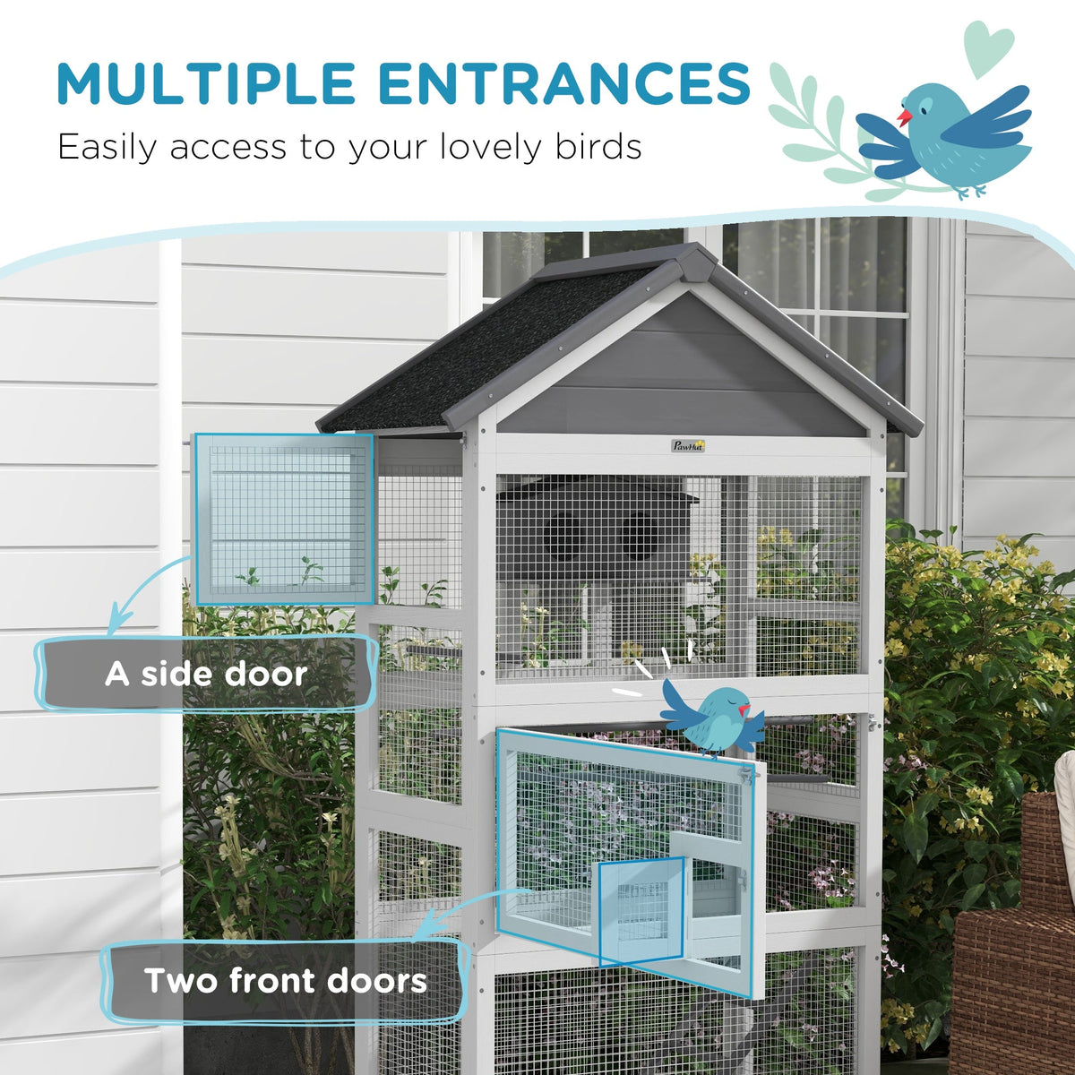 Wooden Bird Aviary with Slide-Out Tray, Birdhouse, Ladder, Perches for Finches, Parakeets, Gray