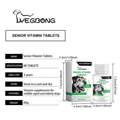 Senior Dog Vitamin Tablets, Multivitamin Supplement For Older Dogs, Support Immunity, Eyes, Skin & Bone Health, 80 Chewable Tablets
