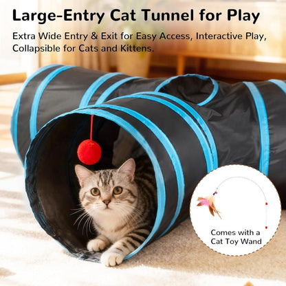 Pet Cat Tunnel Tube Toys 3 Way Collapsible, Tunnels For Indoor Cats, Interactive Tube With Teaser Wand, Peek Holes