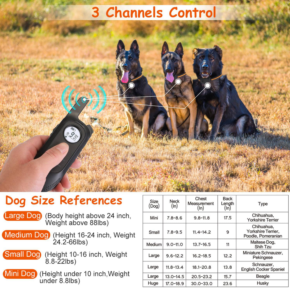 1Pc 984FT Dog Training Collar IP65 Waterproof Pet Beep Vibration Electric Shock Collar 3 Channels Rechargeable Transmitter Receiver Trainer With Recording Safety Keypad Lock