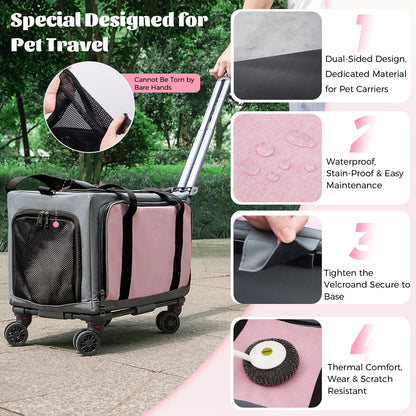 3-Sided Expandable Rolling Pet Carrier With Wheels, Small Cat Dog Travel Carrier, Foldable Portable Bag Grey  For Travel Camping Vet Outdoor Indoor Use
