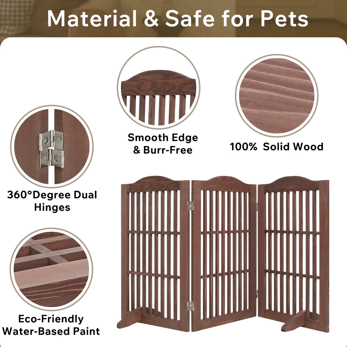 Wooden Freestanding Foldable Pet Gate for Dogs, 30 inch 3 Panels Step Over Fence, Dog Gate for The House, Doorway,