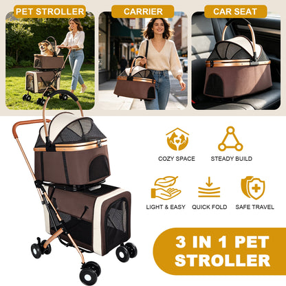 3-in-1 Double Pet Stroller For Small Medium Dogs Cats, Foldable Frame Convertible Pet Carrier Tote, Shockproof Wheels With Brake System, Dual Fixed Safety Leashes For Multi-Pet Households