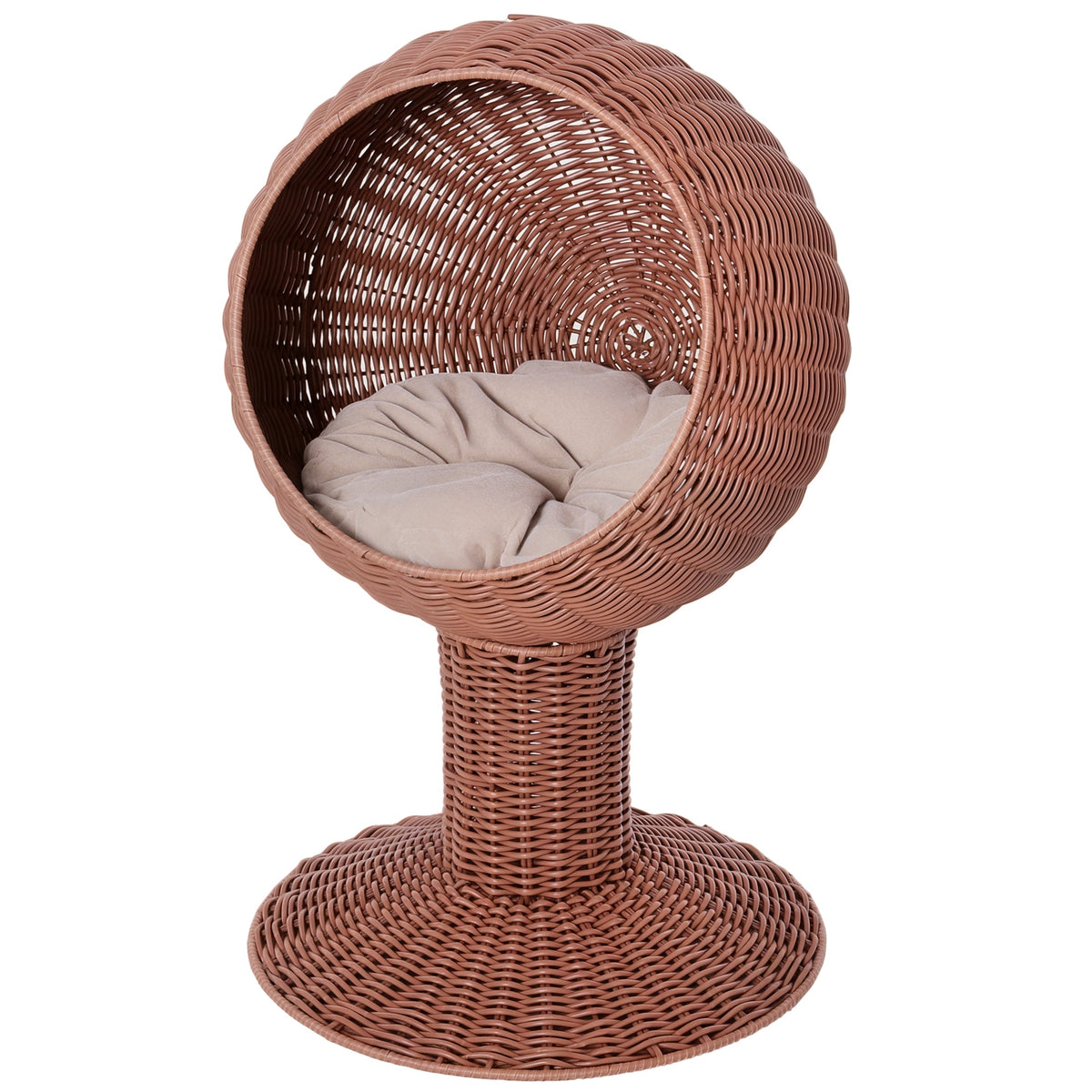 Elevated Cat Bed with Rotatable Egg Chair Pod, Cat Basket Bed with Thick Cushion, Natural Mat Grass Woven Kitty House, Brown