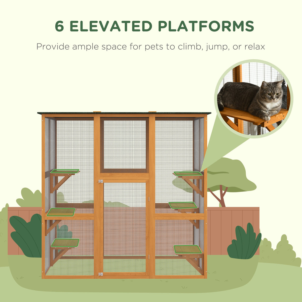Outdoor Cat House Big Catio Wooden Feral Cat Shelter Enclosure with Large Spacious Interior, 6 High Ledges, Weather Protection Asphalt Roof, 71" L, Orange
