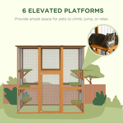 Outdoor Cat House Big Catio Wooden Feral Cat Shelter Enclosure with Large Spacious Interior, 6 High Ledges, Weather Protection Asphalt Roof, 71" L, Orange