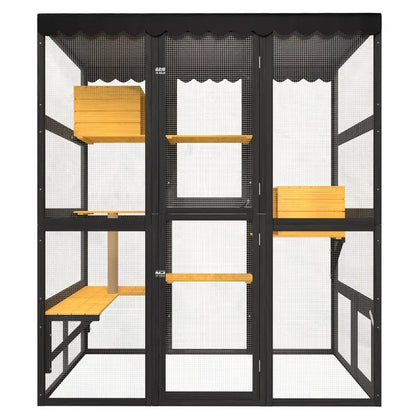 Cat Catio Outdoor Cat Enclosure For Multiple Indoor Outdoor Cats, Large Wooden Walk-in Cat House With Window Connection , 2 Condos, 5 Platforms, 4 Doors, And Weatherproof Roof Cover