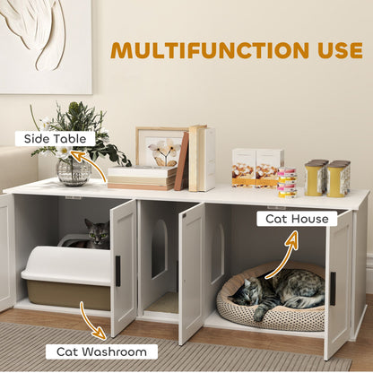 Cat Litter Box Enclosure with Double Room, Scratching Mat for 2 Cats, 57" x 19" x 20", White