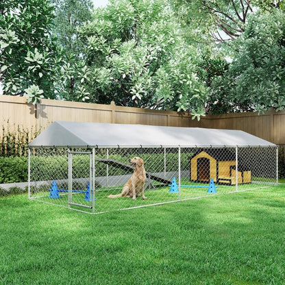 PawHut 20' X 7.5' X 5' Dog Kennel Outdoor For Large Dogs With Waterproof Roof, Silver,For Multiple Parcels Of Goods, Please Pay Attention To The Detailed Dimensions And Weight