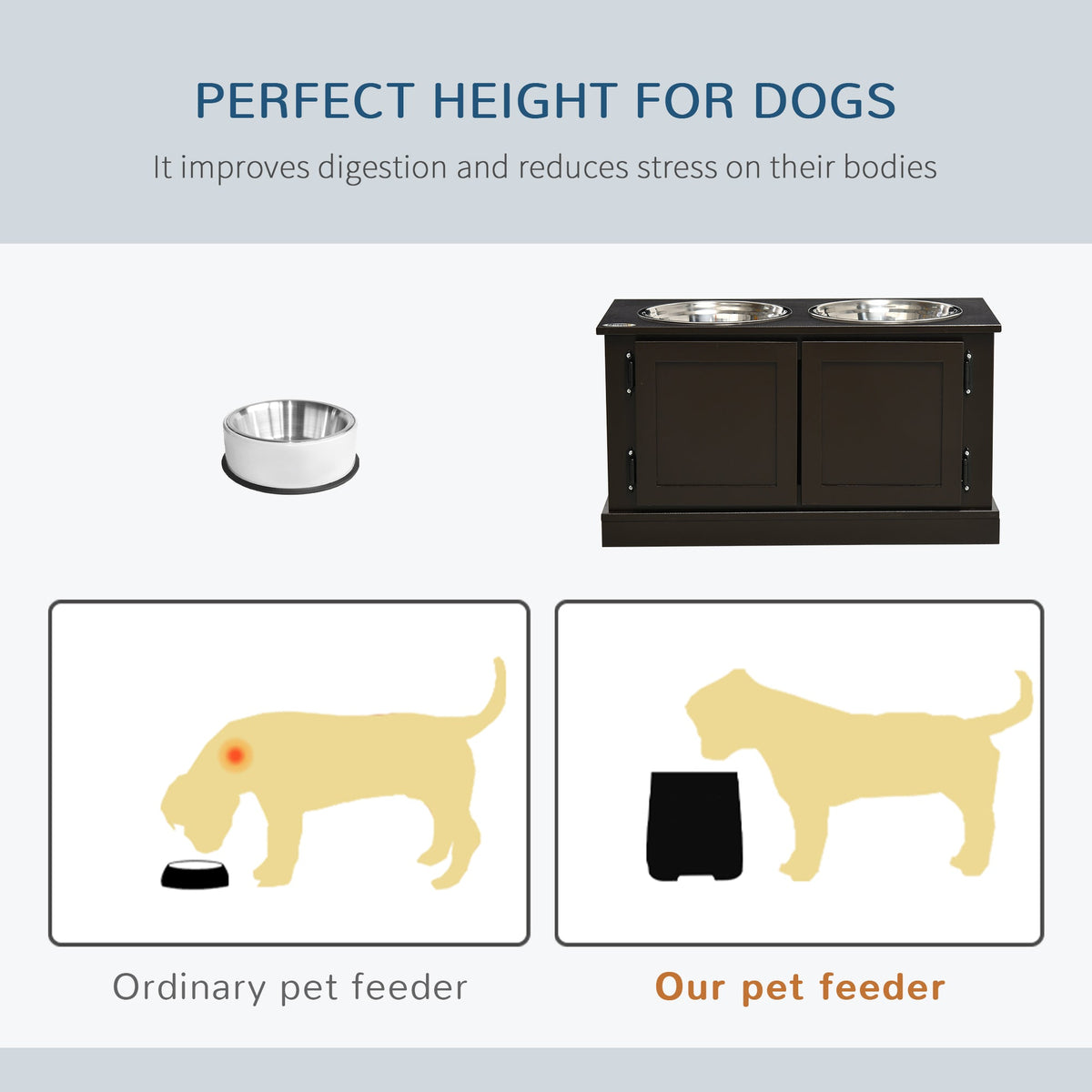 Elevated Dog Bowls with Storage, Two Stainless Steel Bowls for Large Dogs, Coffee