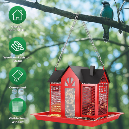 1Pc  Metal Hanging Bird Feeder House Classic Barn Bird Feeder House Iron Hanging Outdoor Feeder With Visible Window And Lift Top Lid 15.75in Hanging Length Wild Birds Garden Yard