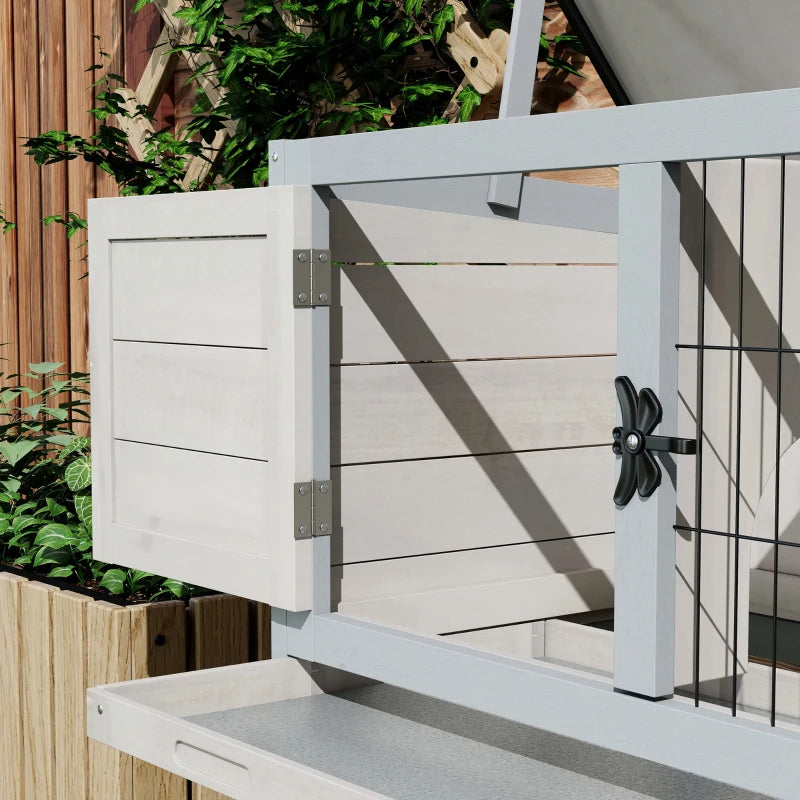 Elevated Rabbit Hutch, Wooden Bunny Cage With Hinged Asphalt Roof And Removable Tray, For IndoorOutdoor, Gray