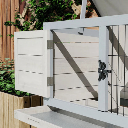 Elevated Rabbit Hutch, Wooden Bunny Cage With Hinged Asphalt Roof And Removable Tray, For IndoorOutdoor, Gray