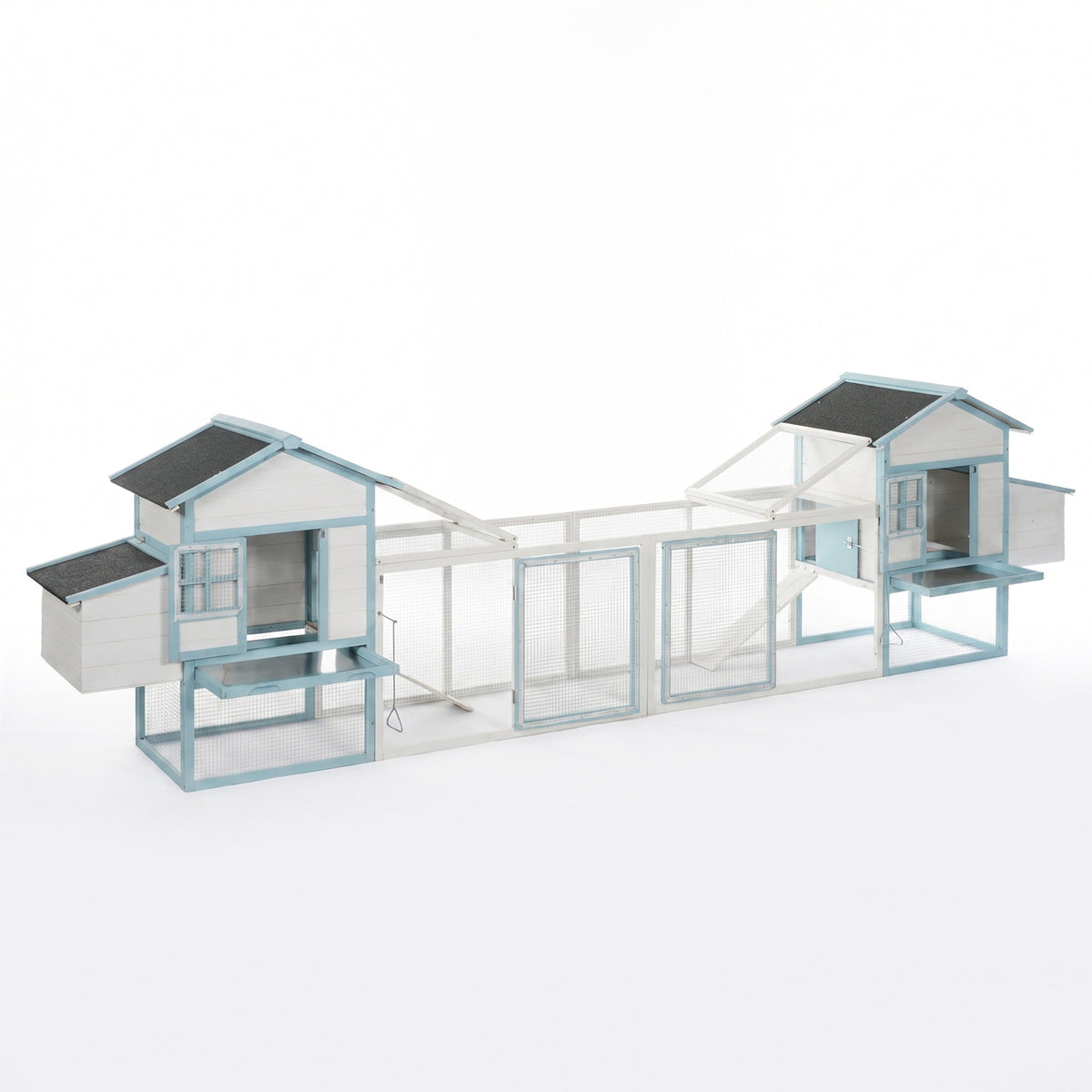 Large Wooden Chicken Coop with Double Nesting Boxes, Outdoor Walk-In Chicken Run with Waterproof Asphalt Roof, Fir Wood Poultry Cage with Pull-Out Dropping Trays, Blue & White Backyard Hen House