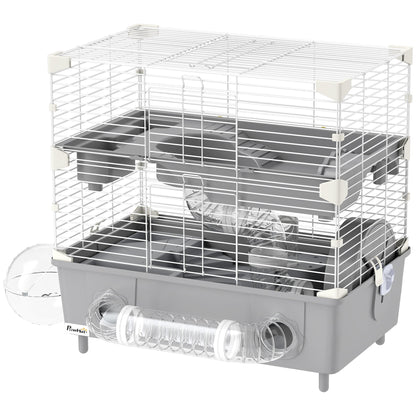 2-Tier Hamster Cage with Sand Bathroom, Running Wheel, Water Bottle, Tubes, Accessories, for Dwarf Hamster, Gray