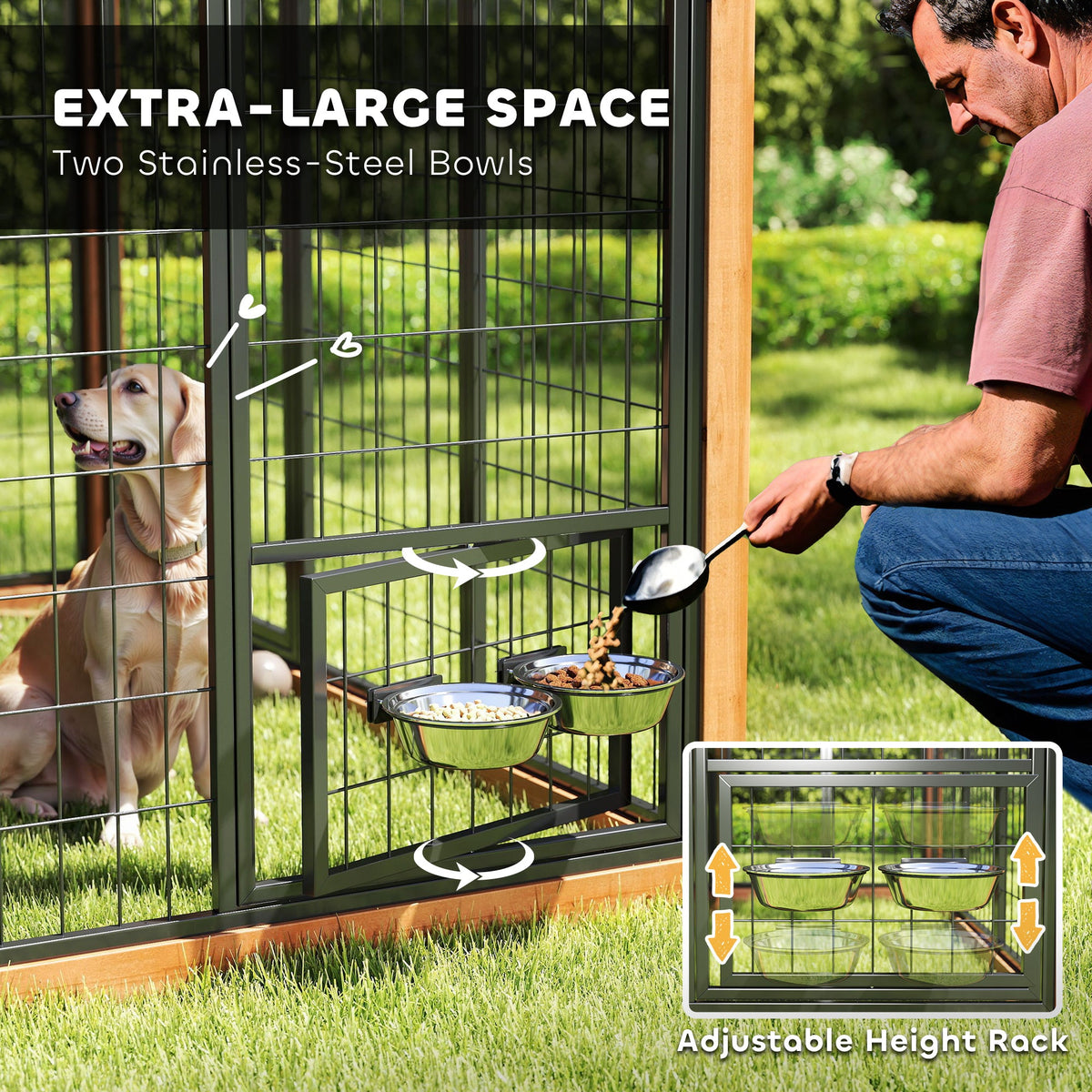 7 x 6 Extra Large Dog House, Wood Outdoor Dog Kennel with Storage Cabinet, Stainless Steel Bowls, Light Yellow