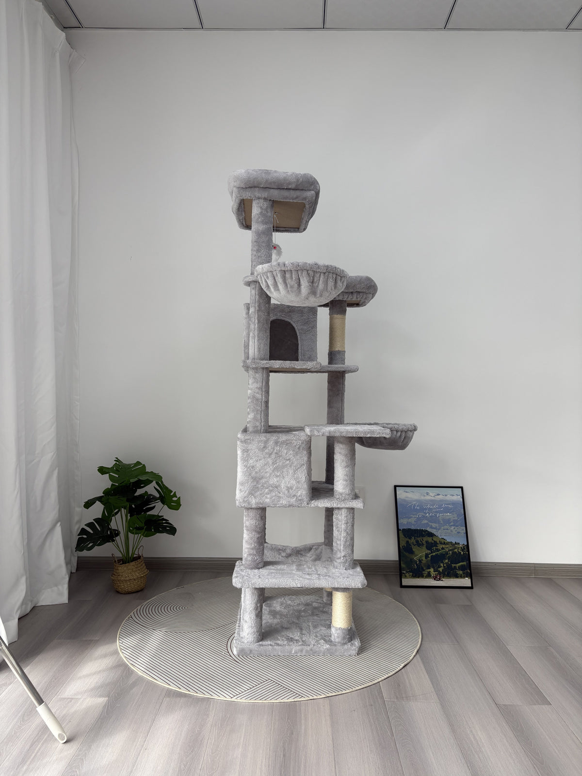 68in Tall Multi-Level Green Cat Tree with Hammocks, Hanging Basket, Cat Cave, Removeable Cushion, Scratching Posts - Plush Cat Tower for Indoor Cats, Perfect for Multiple Cats Grey