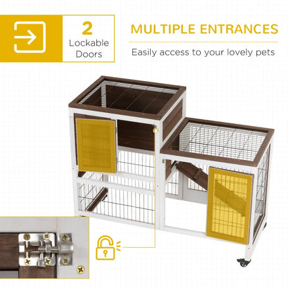 PawHut Wooden Rabbit Hutch Elevated Bunny Cage Indoor Small Animal Habitat With Enclosed Run With Wheels, Ramp, Removable Tray For Rabbits, Chickens, Ducks, Guinea Pigs, Brown