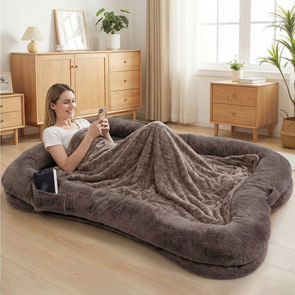 Human Dog Bed Washable Large Size Non Slip Bottom Comfortable Plush Giant Size Dog Bed With Blanket And Pocket For Home
