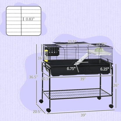 Two-Story Small Animal Cage Removable from Stand, Guinea Pig Cage with Shelf & Wheels, Pet Habitat for Hedgehog, Chinchilla, Ferret, 39" x 20.5" x 36.5", Black