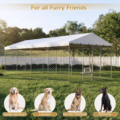 20x10 FT Large Outdoor Dog Kennel with Canopy, Heavy Duty Galvanized Steel Frame, Waterproof Cover, Built-in Elevated Feeding Bowls, Escape-Proof Lockable Pet Playpen for Large Dogs & Multiple Animal
