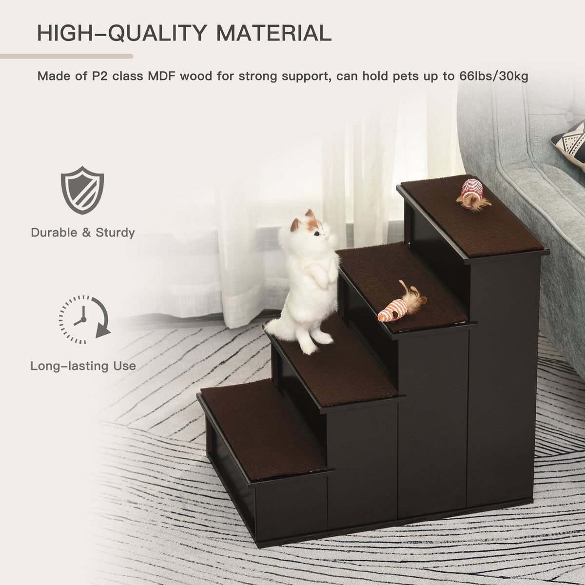 Pet Stairs, Small Pet Steps with Cushioned Removable Covering for Dogs and Cats Up To 22 lbs, Brown