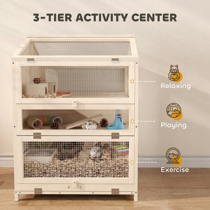 Wooden Hamster Cage, Large 3 Tier Hamster Cage w/ Pull-Out Tray, Openable Top, Hut, Seesaws, 26.8"L x 24.2"W x 35.4"H