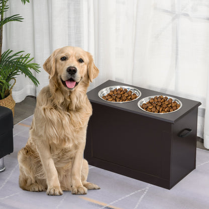 Raised Pet Feeding Storage Station with 2 Stainless Steel Bowls Base for Large Dogs and Other Large Pets, Coffee