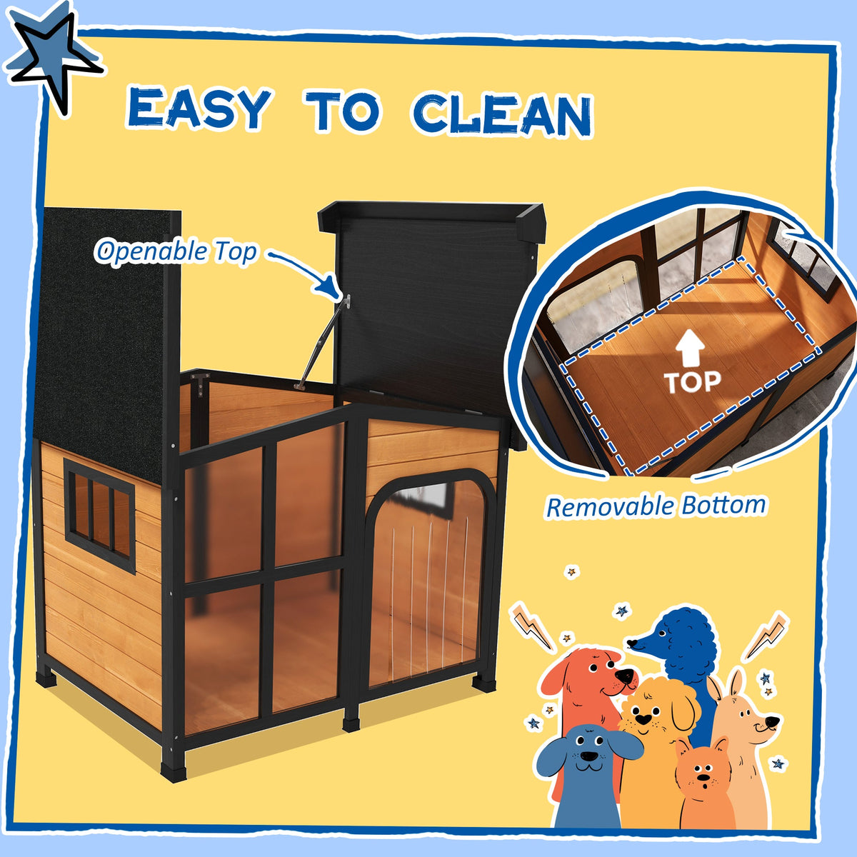 Cabin-Style Wooden Dog House for Large Dogs with Openable Roof & Giant Window, Yellow